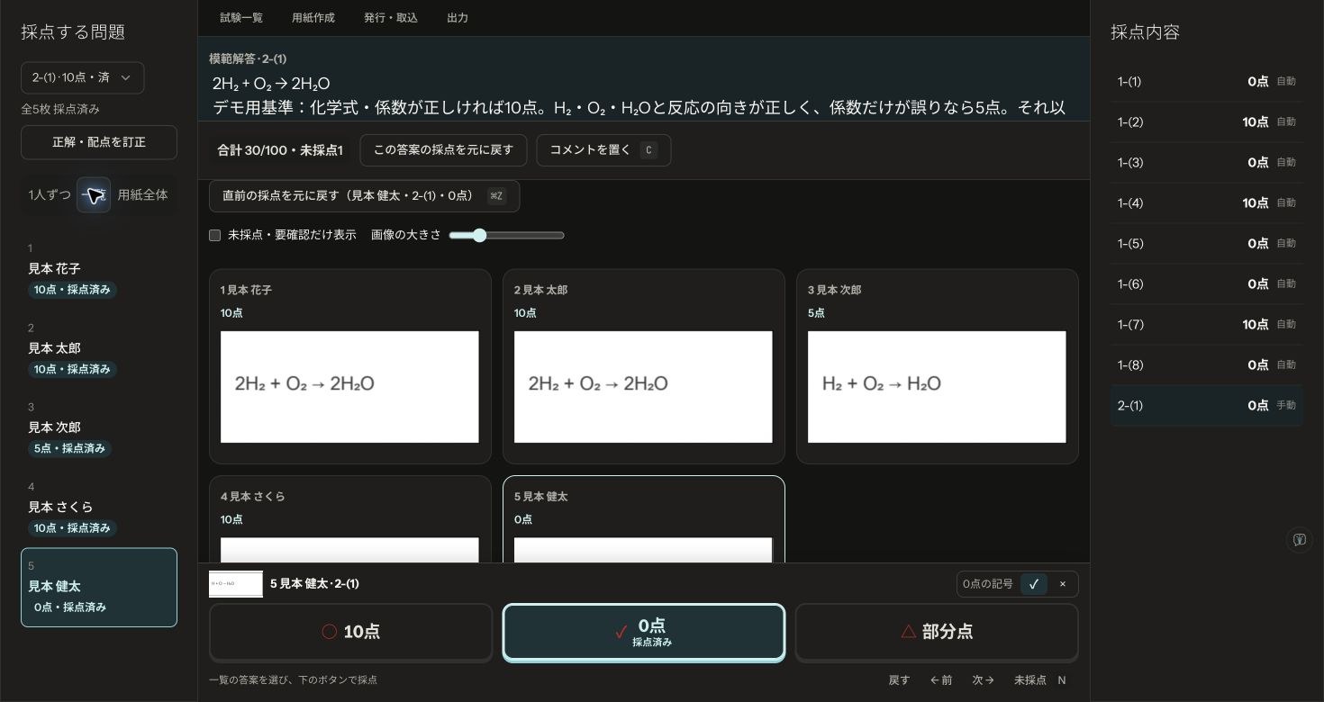 Scoring64の採点一覧。見本の2-(1)の5人分に10点、10点、5点、10点、0点が保存されている。係数が不足した答案は部分点5点。